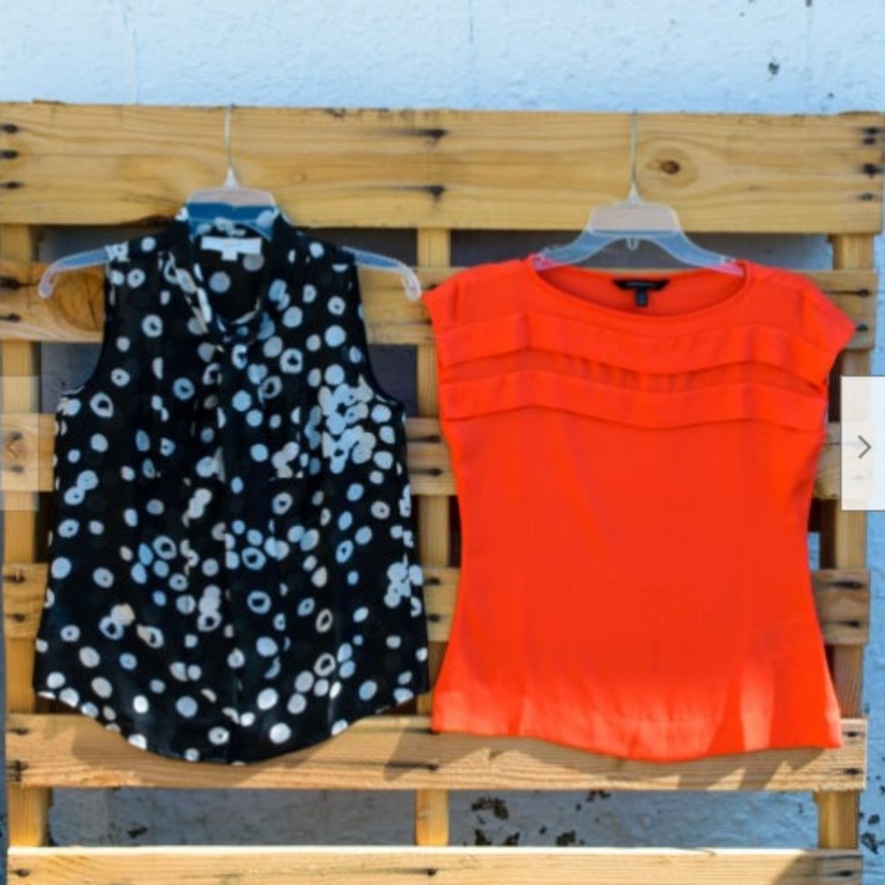 Lot of 2 Career Blouses Banana Republic LOFT Orange Ruffle Black Bow Sz XXSP